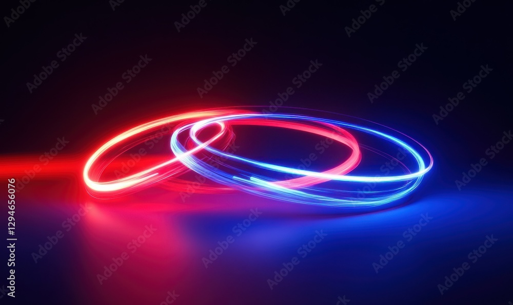 Poster abstract neon art display with glowing red and blue lines, creating a futuristic visual experience.