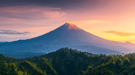 Fototapeta premium Majestic volcano erupts at sunset mountain range landscape photography nature scenic view