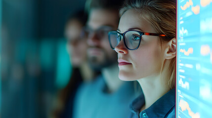 Tech professionals analyzing data insights in a modern urban office environment