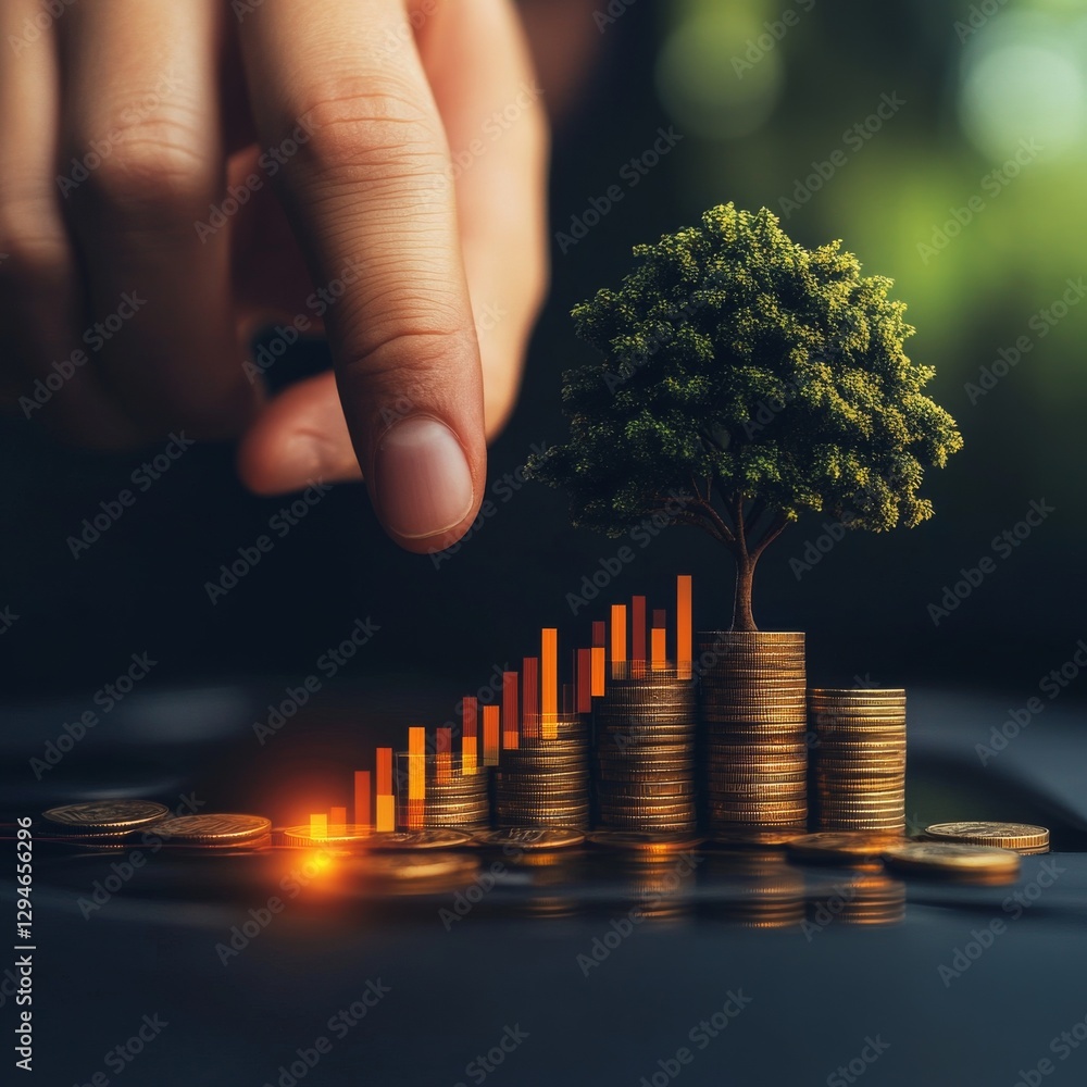 Poster growing wealth: a tree of investment grows on stacks of coins with a finger hovering, representing c