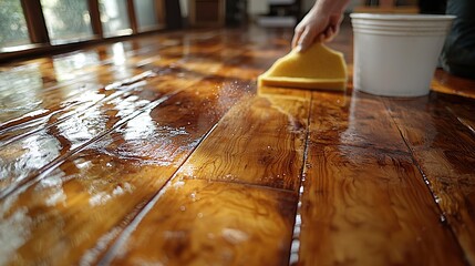 Cleaning wooden floor with a sponge and bucket in a cozy interior space during daylight hours