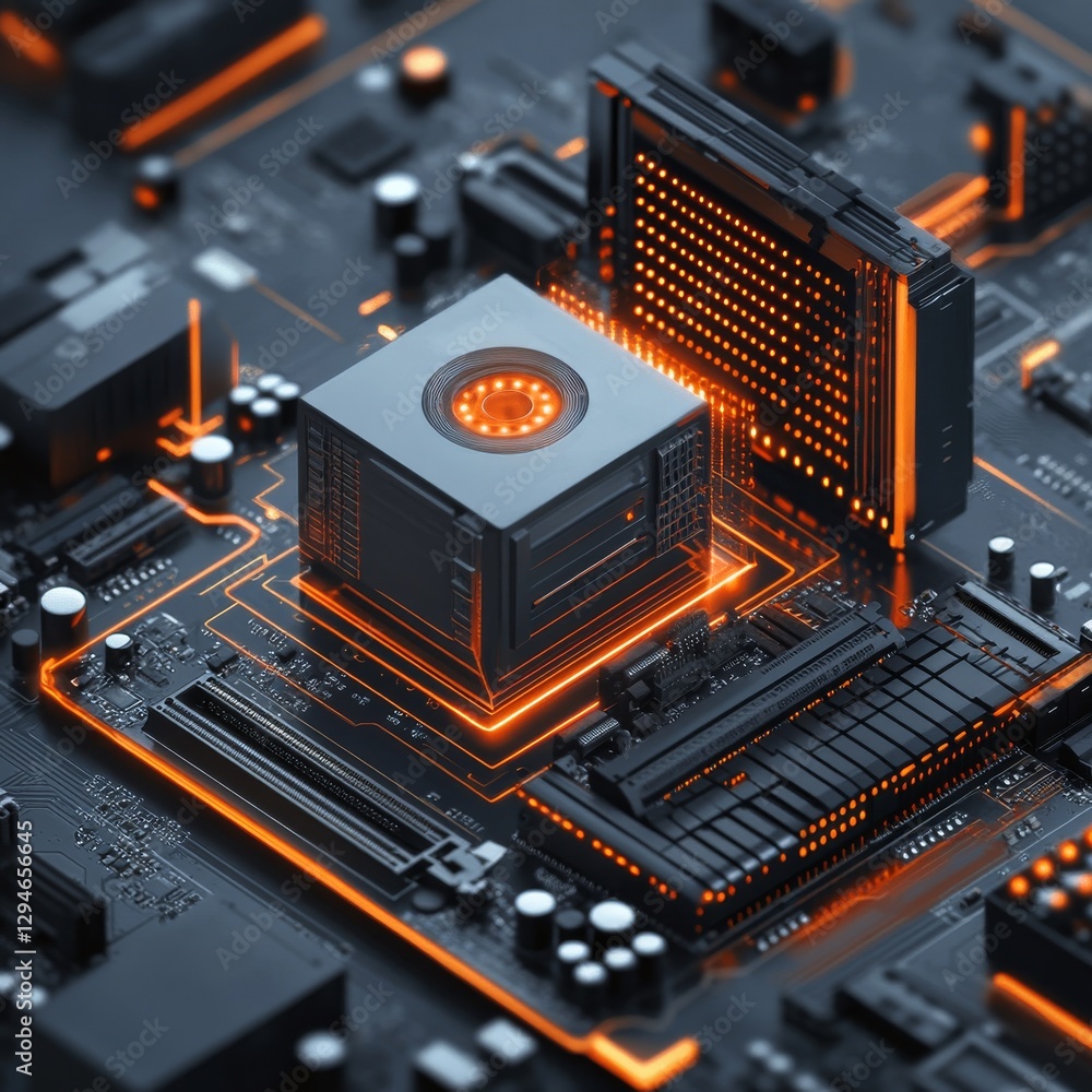 Poster high-tech motherboard with glowing orange accents: a close-up view of circuitry, processors, and adv