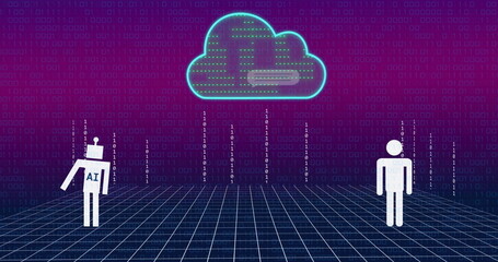 Image of digital data processing over cloud and ai chat bot on purple background
