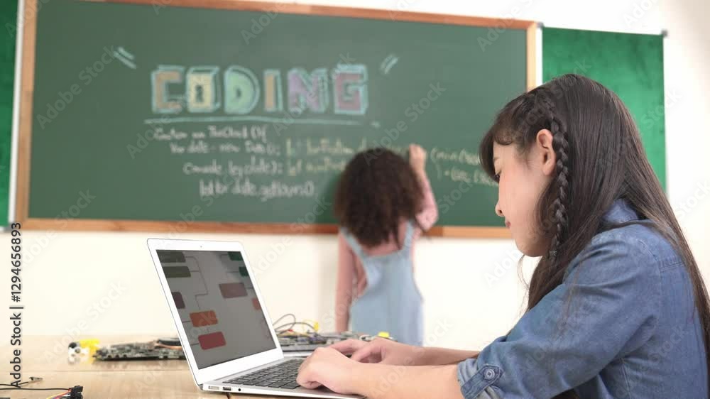 Poster girl writing engineering prompt by using ai software or programing system to generate ai on table wi