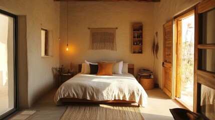 A cozy bedroom with a large bed, wooden nightstand, and rustic decor.