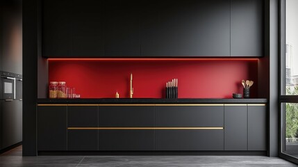 Chic modern kitchen with a bold red backsplash, matte black cabinets, and gold handles.