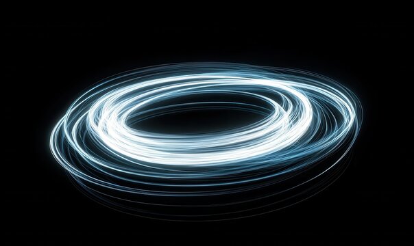 Abstract swirl of neon blue and white light trails against a black background, dynamic motion creating a futuristic and energetic effect