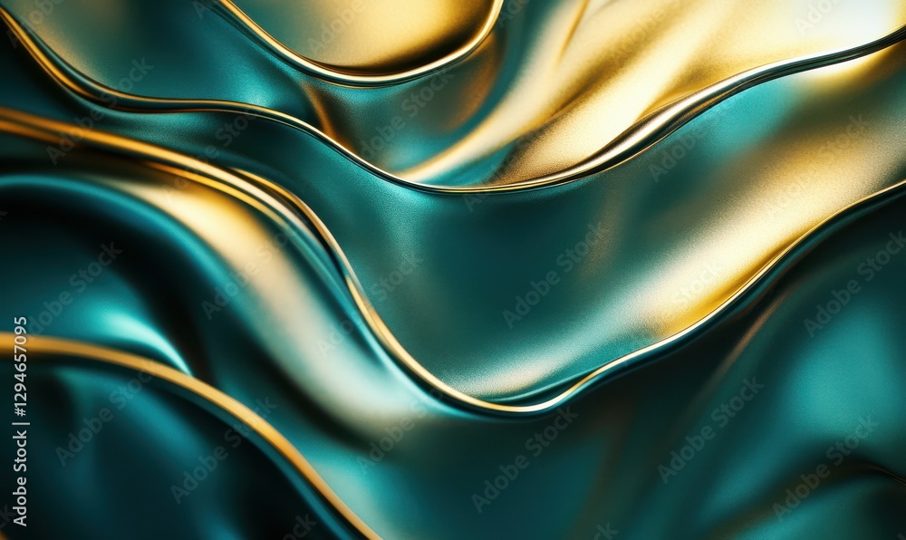Poster abstract waves of gold and teal light blending harmoniously, illuminated softly to create an elegant