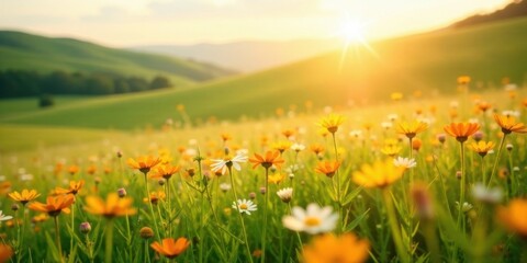 Obraz premium Golden Hour Meadow Vibrant wildflowers bathed in the warm glow of the setting sun, a picturesque landscape of rolling hills and blooming flora
