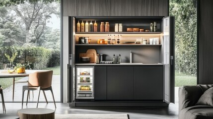 Compact modern kitchen in an apartment with space-saving solutions, sleek shelves, and a smart fridge.