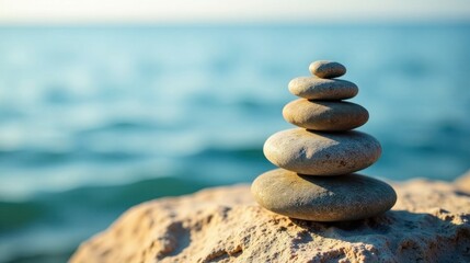 Fototapeta premium Serene Coastal Stones Stacked in a Balanced Arrangement Reflecting Tranquility and Harmony by the Ocean