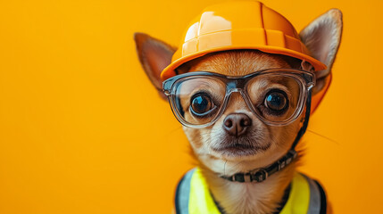 Chihuahua wearing a hard hat and glasses, enthusiastic mood, Labor Day celebration, orange background