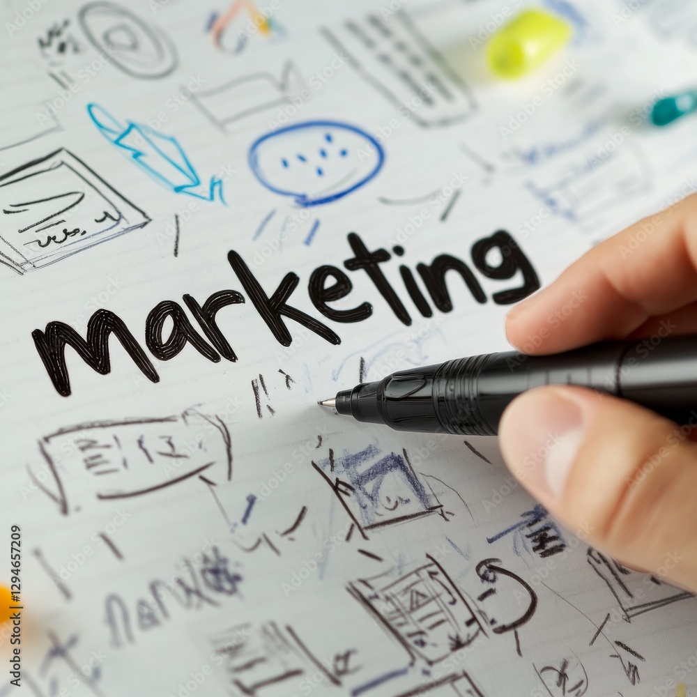 Poster marketing strategy sketch: a hand with a pen brainstorming business concepts and ideas on paper