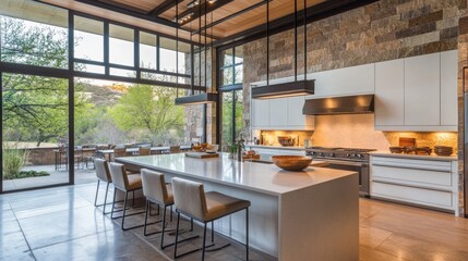 Contemporary open-concept kitchen with an island, pendant lighting, and elegant bar stools.