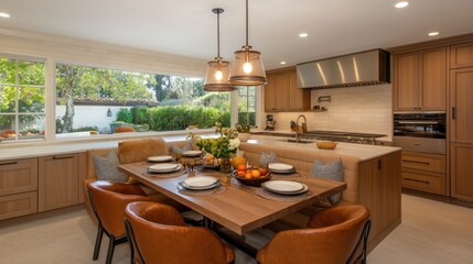 Cozy modern kitchen with an inviting breakfast corner, contemporary pendant lights, and stylish dcor.