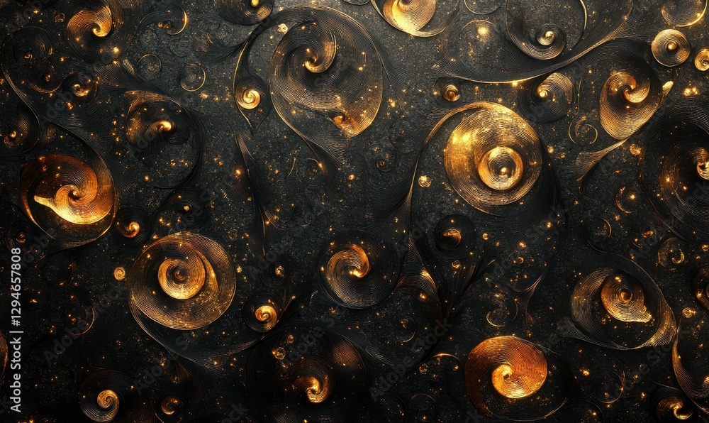 Poster artistic abstract pattern of glowing golden swirls against a black backdrop, illuminated softly for 