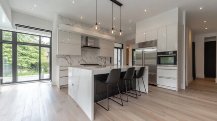 Elegant modern kitchen with glossy white cabinets, a marble backsplash, and high-end stainless steel appliances.