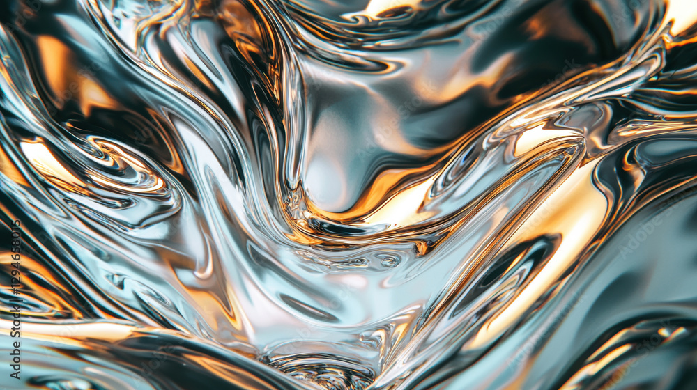 Poster an abstract fluid texture with swirling metallic patterns in silver, blue, and warm amber tones, cre