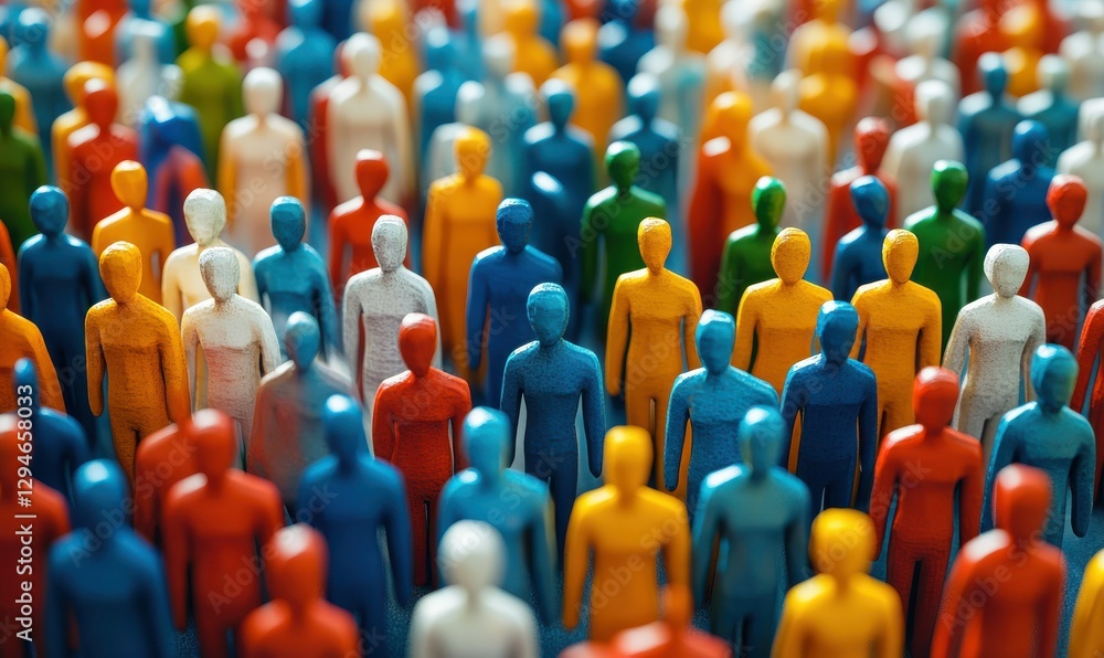 Poster artistic composition of diverse multicolored figurines arranged in rows, symbolizing unity, communit