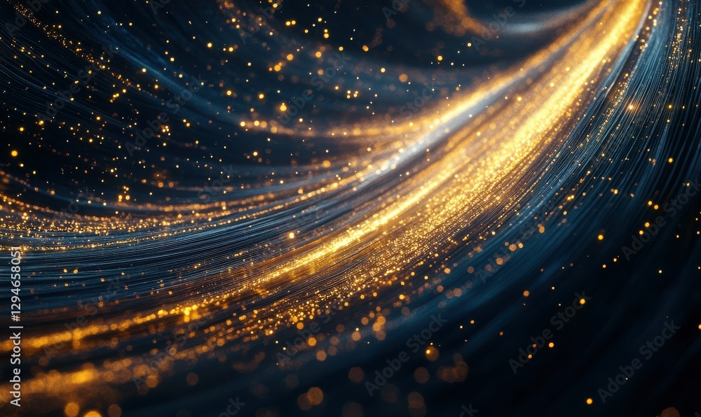 Poster artistic composition of glowing golden light trails swirling against a sleek dark background, creati