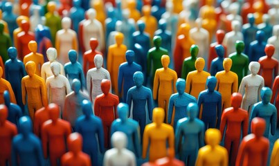 Fototapeta premium Artistic composition of diverse multicolored figurines arranged in rows, symbolizing unity, community, and diversity