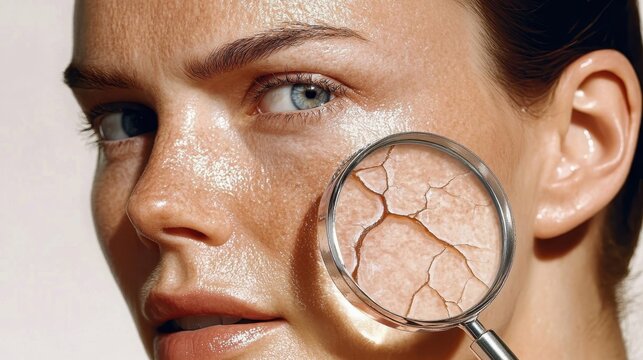 Close up magnifying view showing wrinkled, parched facial skin surface, highlighting dermis aging process and critical importance of intensive moisturizing treatment