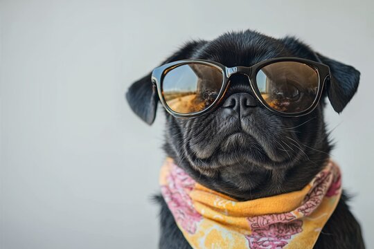 The ultimate chill! This black pug wears classic sunglasses and a colorful bandana, showing off its relaxed and confident style.