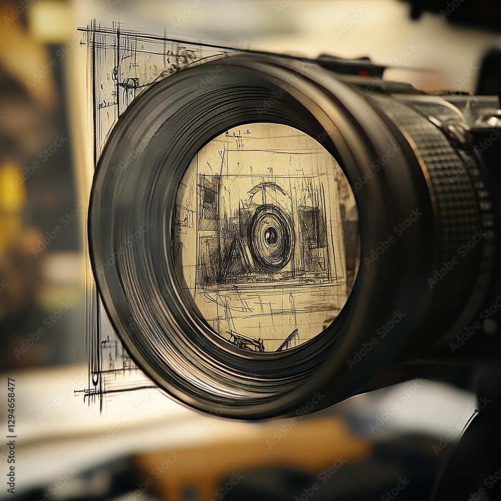 Aufkleber Through the Lens: A Macro View of a Sketch, Camera Lens Focusing on Artistic Detail, Blurring the Lines Between Reality and Creation