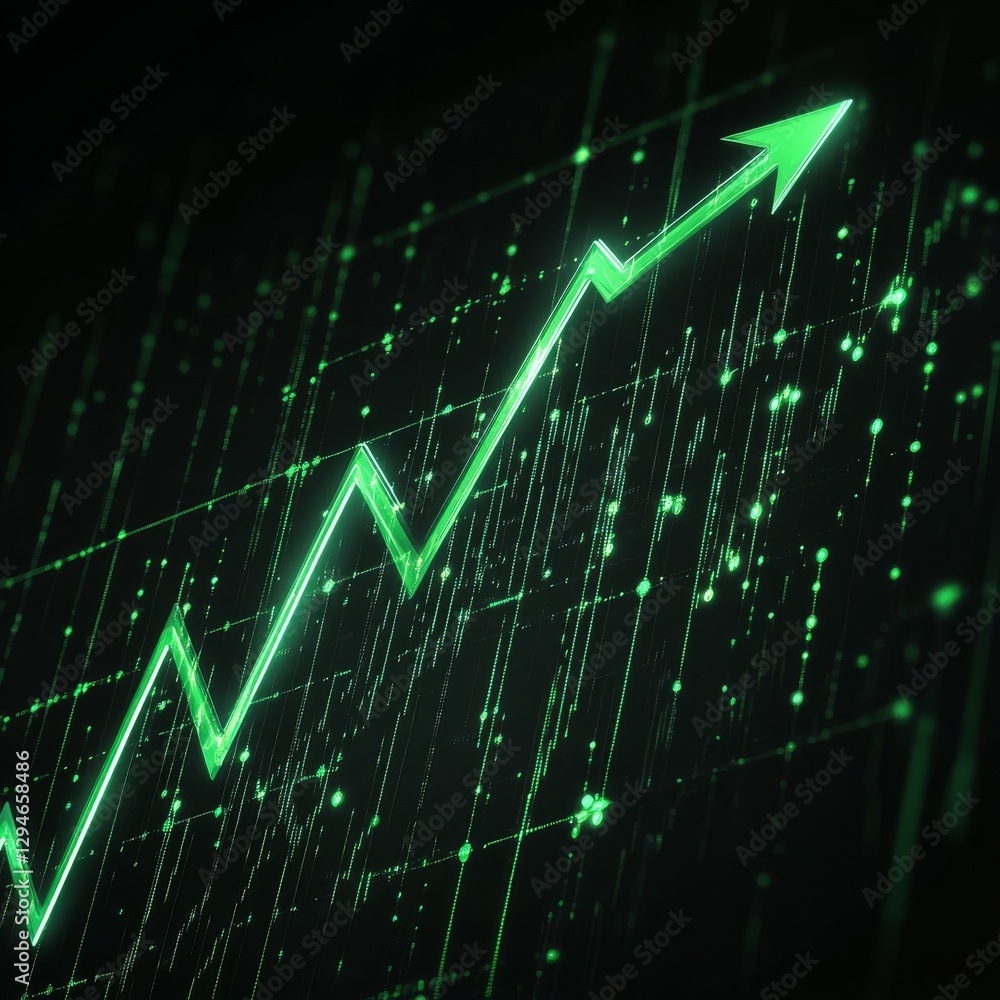 Aufkleber uptrend arrow with digital grid background: positive growth and success indicated by bright green ar