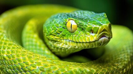 Naklejka premium Majestic Green Viper: A Stunning Representation of a Lush Jungle Serpent in Its Natural Habitat