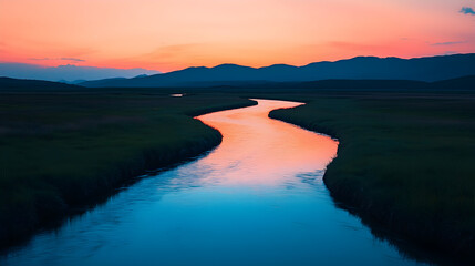 Fototapeta premium Serene river flowing through mountains at dusk nature photography tranquil landscape