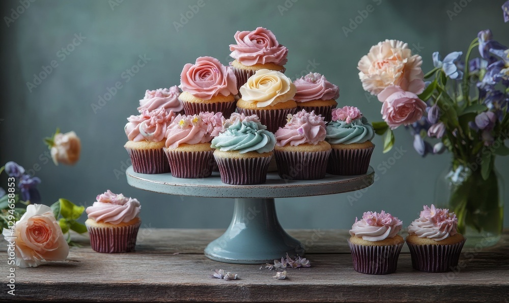 Poster elegant display of cupcakes with floral frosting arranged on a rustic wooden table illuminated by so