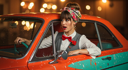 A retro woman with a vintage hairstyle and bow tie joyfully poses in a classic red car, embodying 1950s pin-up style. Bright lights and a colorful background add glamour and playfulness.