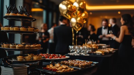 Elegant gala with gourmet food and golden balloons