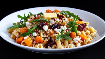 Autumnal pasta salad with pumpkin, dried cranberries, and feta cheese.