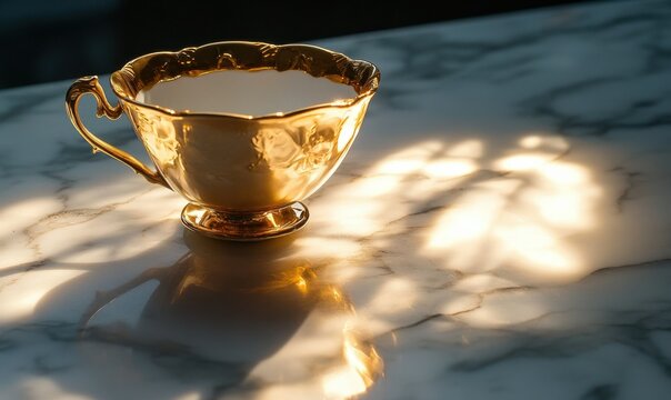 Elegant golden teacup resting on a white marble table illuminated by glowing light, evoking sophistication and timeless beauty