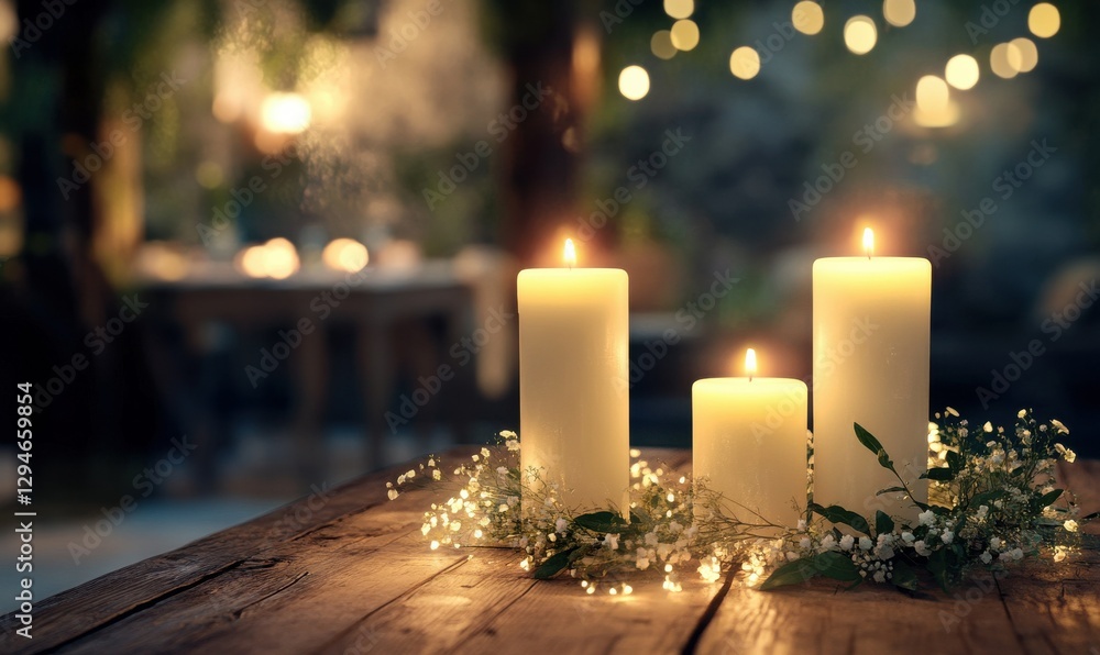 Poster elegant white candles with soft greenery on a rustic wooden table, illuminated by glowing light, cre