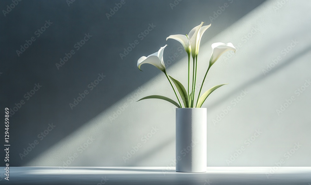 Poster elegant white lilies in a minimalist vase illuminated by diffused natural light, creating a serene a