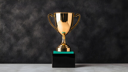 Celebration of success golden trophy showcased in a minimalistic studio setting