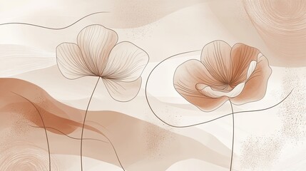 Two delicate, outlined flowers on a soft, abstract, swirling beige background