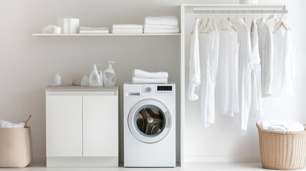 Laundry Room Serenity: Clean and organized laundry room, featuring a washing machine, shelves with clean towels and supplies, and a closet rod with freshly laundered clothes.