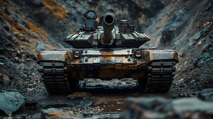Fototapeta premium Tank is in the middle of a rocky hillside. The tank is dirty and has a lot of mud on it. The tank is surrounded by rocks and dirt, and it looks like it has been in a battle