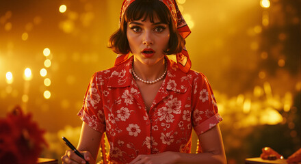 Retro-inspired woman in a red floral dress and headscarf, sitting at a table under warm, atmospheric lighting, evoking nostalgia, charm, and vintage elegance.