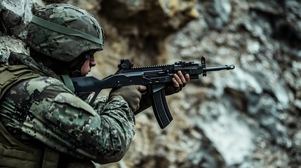 Fototapeta premium Soldier is holding a rifle and wearing a camouflage jacket. Concept of danger and war