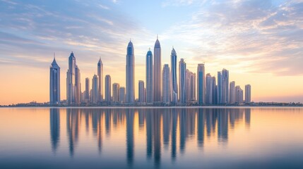 Obraz premium The city skyline at dusk, where high-rise apartment buildings meet the horizon, reflecting the last rays of the sun.