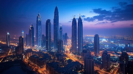 The grandeur of a modern skyline, showcasing stunning high-rise apartments with elegant evening lights.