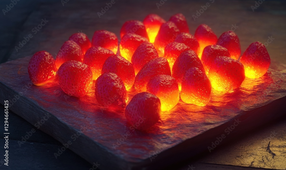 Poster fresh strawberries arranged neatly on a textured wooden surface illuminated by glowing light, creati