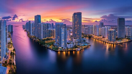 Fototapeta premium The mesmerizing view of high-rise condos and apartments under a vibrant sunset, city lights beginning to sparkle.