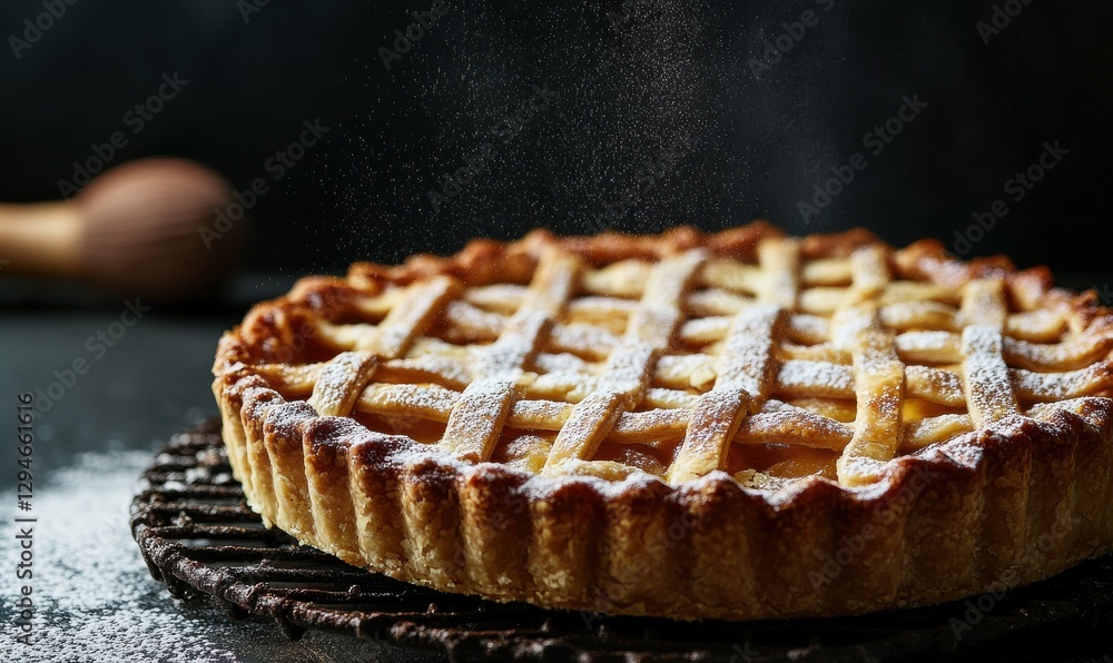 Poster freshly baked pie topped with a golden crust and a dusting of powdered sugar, softly illuminated to 