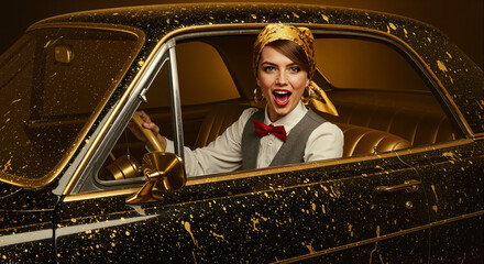 Retro-inspired portrait of a woman in a bow tie and vintage outfit, sitting in a classic car with a gold-speckled exterior, exuding confidence and a dynamic, bold attitude